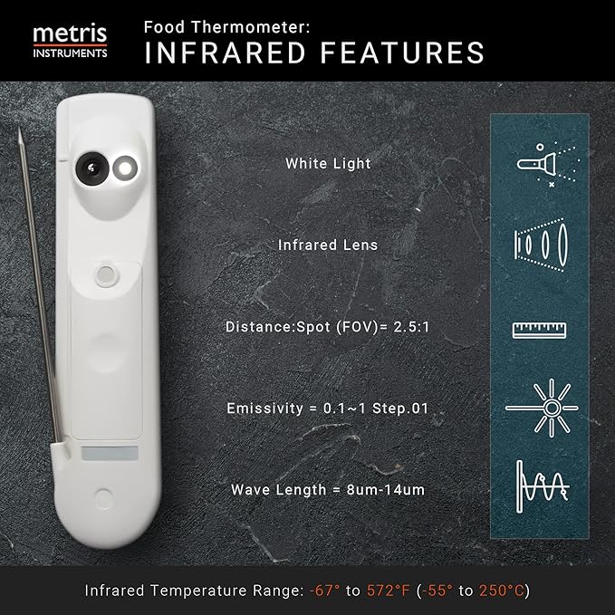 Metris Instruments Food Cooking Meat Thermometer Digital Infrared Instant Read with Probe for Kitchen, Outside Grill, BBQ Smoker, Model TCT303F-NSF NSF Approved