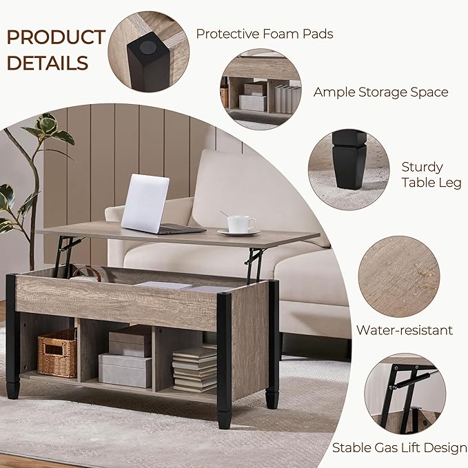 Yaheetech Gray Coffee Table, Lift Top Coffee Table with Hidden Compartment & Shelf, Lift Up Dining Table for Living Room Reception, Retro Central Table with Wooden Lift Tabletop, 41 inch L