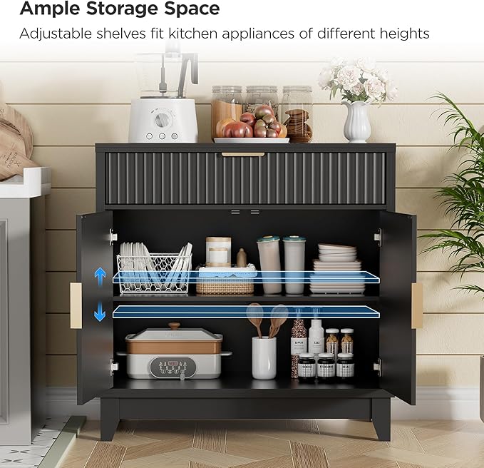 Vabches Fluted Sideboard Buffet Cabinet with Storage, 32" Wide Coffee Bar Console Table with Drawer, Fluted Doors & Adjustable Shelf, Wood Buffet Table for Living Room, Kitchen Dining Room, Black