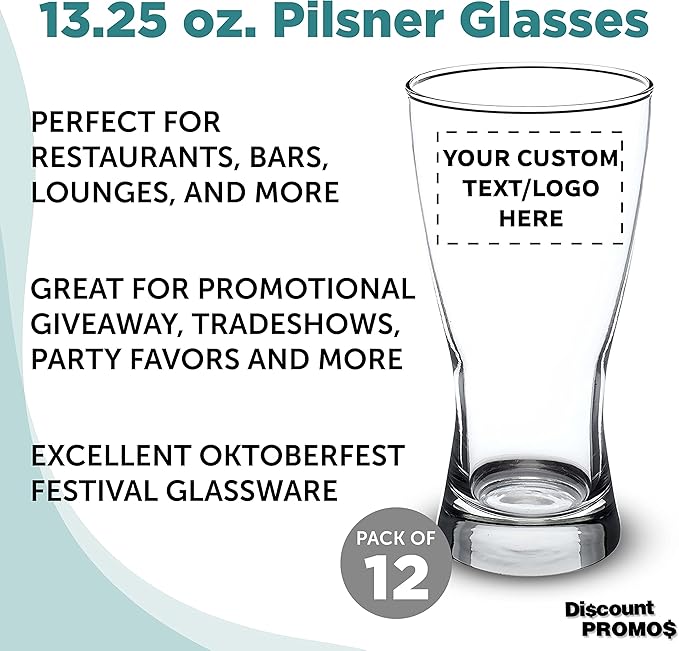 Custom Pilsner Glasses 13.25 oz. Set of 12, Personalized Bulk Pack - Made in the USA, Perfect for Hotels, Restaurants, Bars and Even Party Favors - Clear