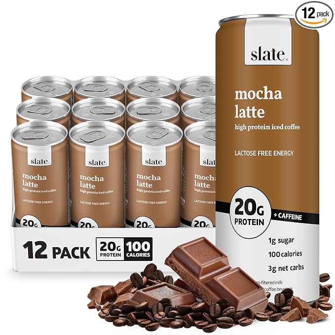Slate Milk - High Protein Iced Coffee - Mocha Latte - 175mg Caffeine, Lactose Free Energy - 20g Protein, 1g Sugar, 100 Calories, 3g Net Carbs, No Sugar Added - Protein Coffee - 11 fl oz, 12 Cans