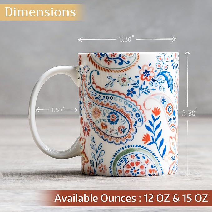 Maison d' Hermine Coffee Mug with Handles Fine Bone China Mugs Pack of One Tea Cups for Hot Beverages Cappuccino Latte Home Restaurant Office Perfect for Gift (Indian Floral - Paisley, 15 Ounce)