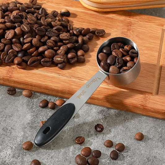 Nogeqi 1PCS 2 Tablespoon Scoop, Stainless Steel Coffee Measuring Spoon, 1/8 Cup Measuring Cup with Black Silicone Handle for Coffee Bean Tea Sugar Canisters Jars (30ml)