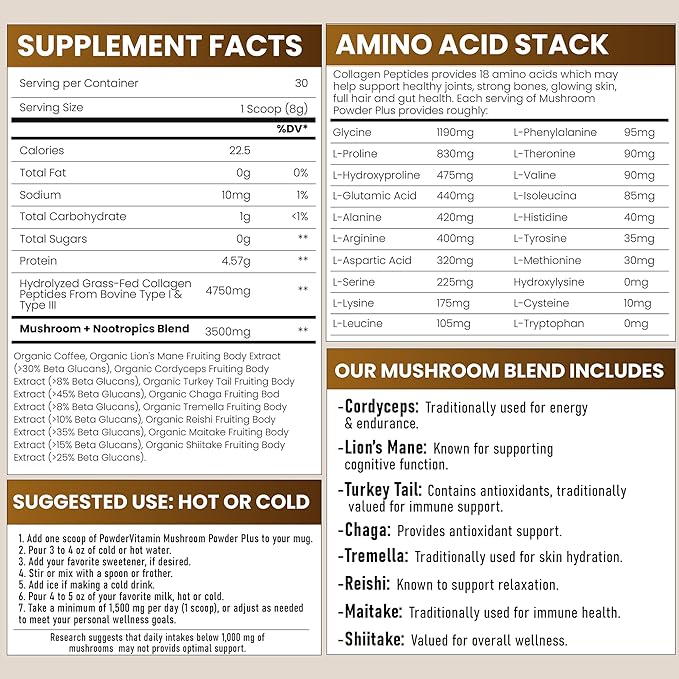 PowderVitamin Organic Mushroom Coffee Certified Mold & Mycotoxin-Free GrassFed Collagen Types I & III 8 Fruiting Body Mushrooms Tested for Beta-Glucans Focus Energy Digestion & Immunity 30 Servings