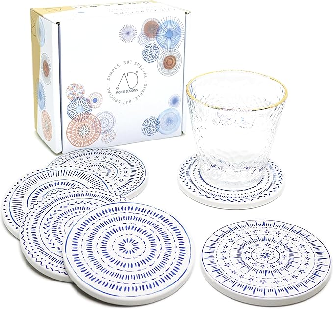 AD Set of 6 Coasters for Drinks Absorbing Round Ceramic Stone Coaster with Cork Base,Tabletop Protection Mat for Mugs and Cups,Office,Kitchen (Nordic Blue with Holder)