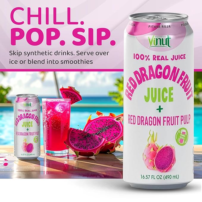 VINUT 100% Red Dragon Fruit Juice with Pulp (Pitaya), No Added Sugar, Not From Concentrate, 16.57 fl oz (490 mL) Can, Pack of 6