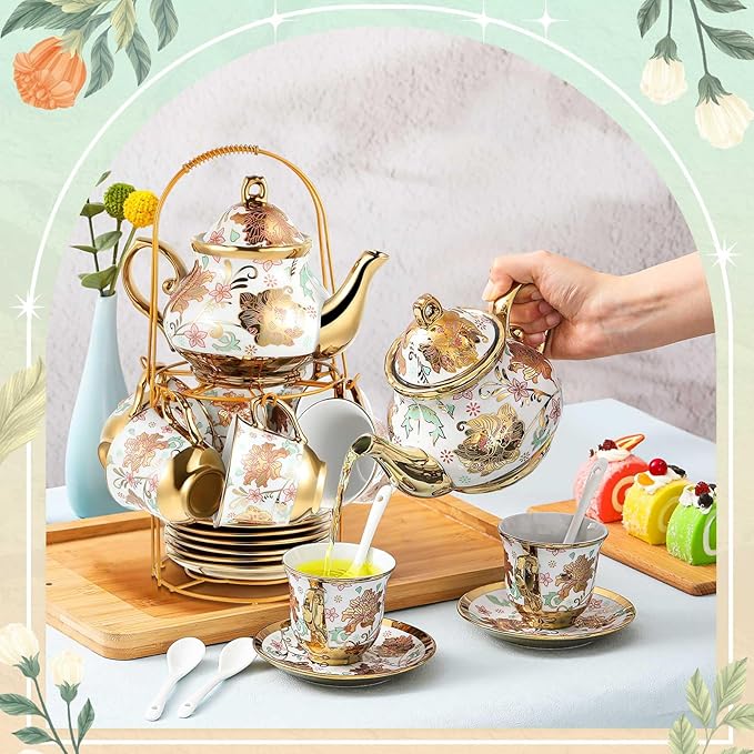 Zhehao 20 Pcs Porcelain Tea Set with Metal Holder and Spoon Adult Ceramic Tea Set European Flower Painting Teapot Cup Saucer Spoon for Women, Large Version(Elegant Style)
