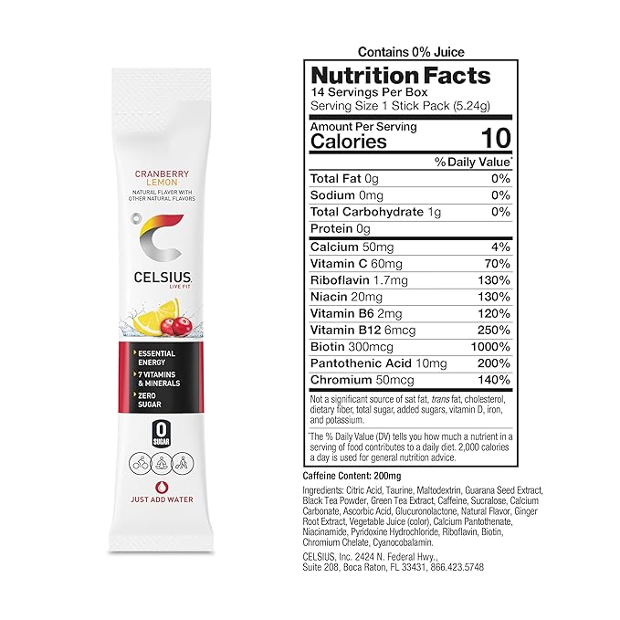 CELSIUS On The Go Cranberry Lemon, Sugar Free Energy Drink Mix (14 Sticks per Pack)