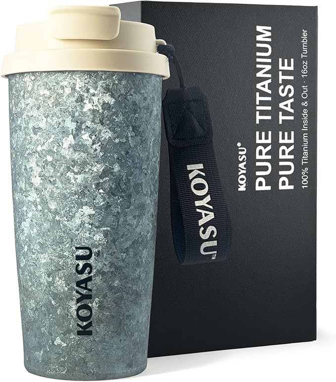 KOYASU® Ti-Zero™ 16oz Titanium Water Bottle [Glacial Blue] - Crystal Ice Finish. Double-Wall Vacuum Insulated Sport Mug. Fits Car Cup Holder, Sweat-Proof & Leak-Proof for Road Trips