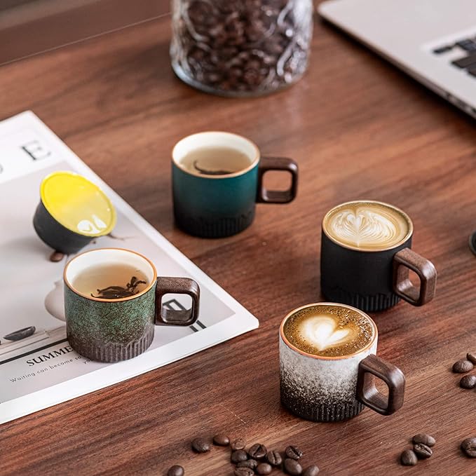 Zurucily Espresso Cups Set of 2, 2 oz Ceramic Espresso Cups, Demitasse Cups for Tea or Coffee (Black)