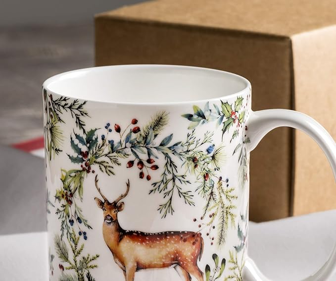 Maison d' Hermine Coffee Mug with Handles Fine Bone China Mugs Pack of One Tea Cups for Hot Beverages Cappuccino Latte Home Restaurant Office Perfect for Gift (Holly Time - Biche, 12 Ounce)