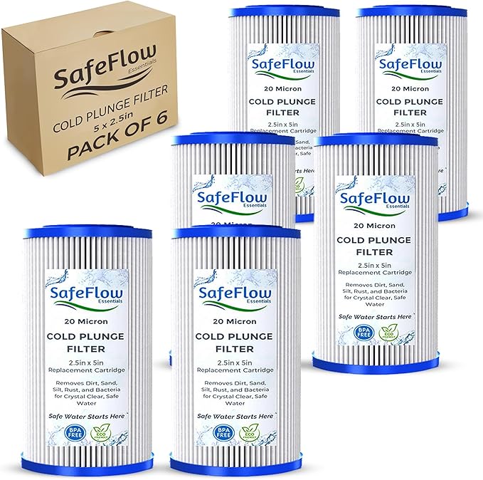 SafeFlow Essentials 5" x 2.5" Cold Plunge Filter 20 Micron – Fits The Pod Ice Cold Plunge Water Chiller, Cold Plunge Filters, and Under Kitchen Sink Systems (6)