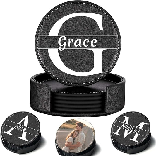 Custom Leather Coaster, Personalized Set of 6 Coasters for Drinks with Holder, DIY Logo Name Image, Durable, Non-Slip, Waterproof Leather Coaster for Home, Office, Bar, Cup Housewarming
