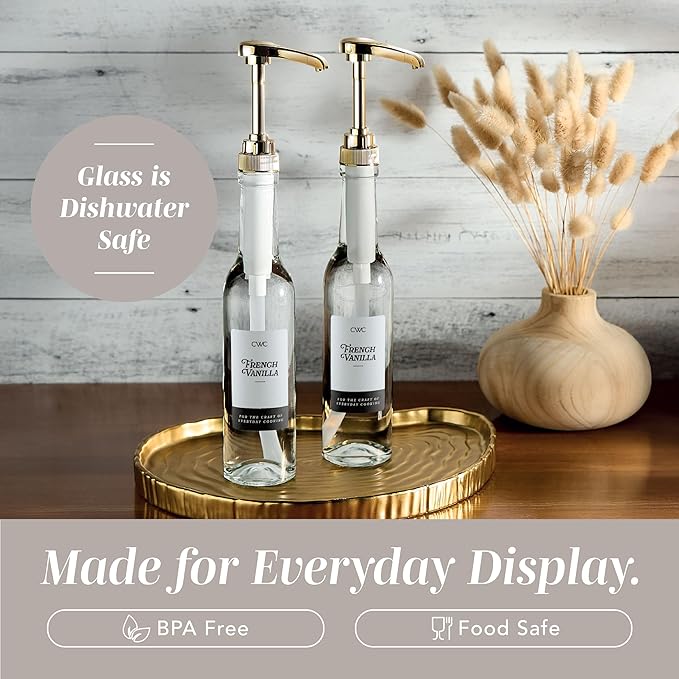 COOK WITH COLOR Glass Coffee Syrup Dispenser with Pump- Set of 2 Syrup Bottles for Coffee Bar, Decorative 350 ML Bottle with Ceramic Holder, Funnel, Labels and Extra Pumps, Clear