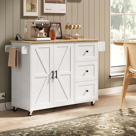 HOOBRO Kitchen Island with Power Outlet, Rolling Kitchen Island on Wheels, Island Table with 3 Large Drawers, Storage Cabinet, Spice Rack and Adjustable Shelf, White and Natural WN15UZD01