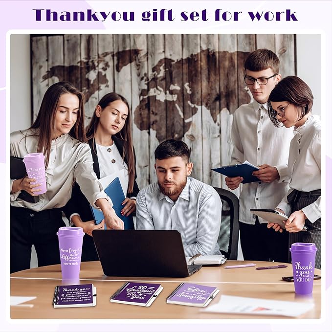 Skylety 12 Set/48 Pcs Employee Appreciation Gifts Bulk Christmas Thank You Gift Set 16 oz Coffee Cups Mini Spiral Notebooks Pens Keychains for Staff Team Teacher Coworker (Purple Gradient)