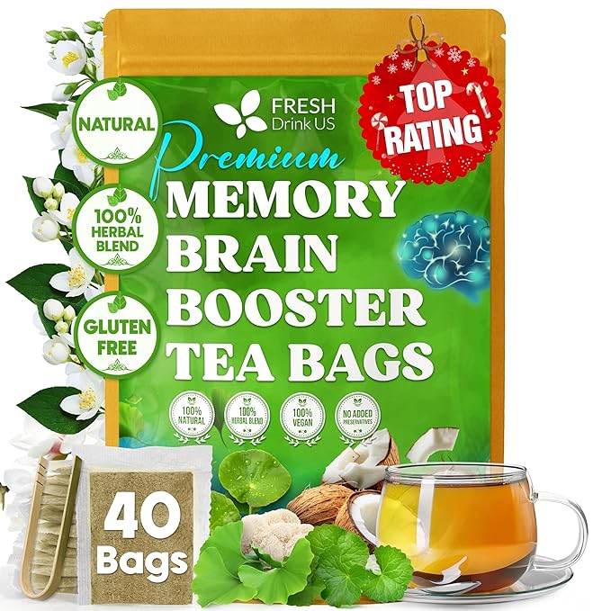 FreshDrinkUS, Memory Brain Booster Herbal Tea – 40 Tea Bags – Ginkgo Biloba, Gotu Kola, Lion's Mane & MCT Coconut Oil – Smooth, Earthy Flavor – Caffeine-Free – Daily Herbal Blend for Anytime Use
