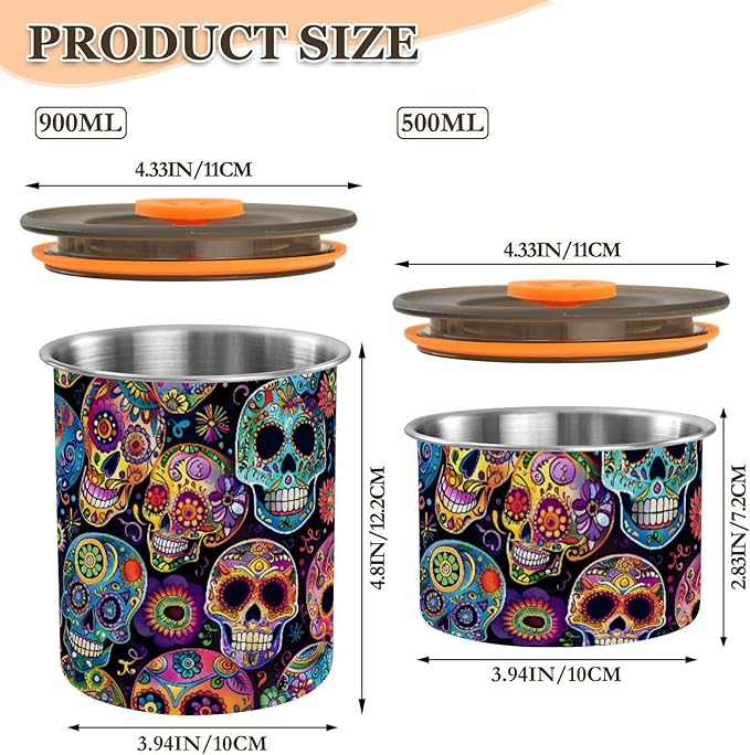 ALAZA Sugar Skulls Day Of Dead Airtight Coffee Bean Canister 900ml Food Storage Containers with Lids For Gournd, Tea, Sugar, Flour, Rice, Cereal, Candy Cookie Jar