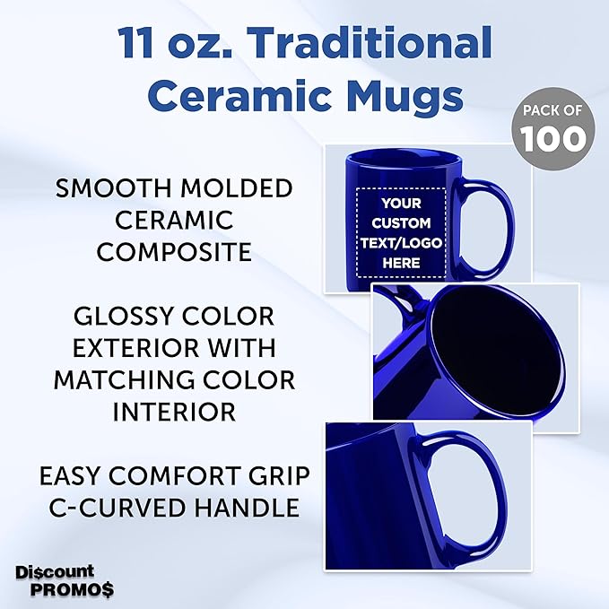 Custom Ceramic Coffee Mugs 11 oz. Set of 100, Personalized Bulk Pack - Coffee cup set, Iced coffee cup, Gaming mug - Royal Blue