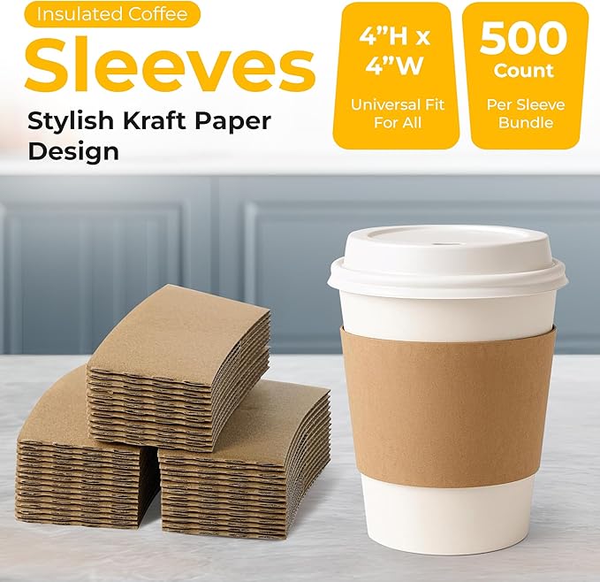 Customizable Coffee Sleeves | Kraft Paper Insulated Sleeves for 10-20 oz Cups, Eco-Friendly, Reusable, Stylish Design, Perfect for Hot & Cold Drinks (500)