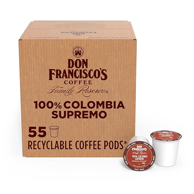 Don Francisco's 100% Colombia Supremo Coffee Pods, 55 Count, Medium Roast, Compatible with Keurig Brewers