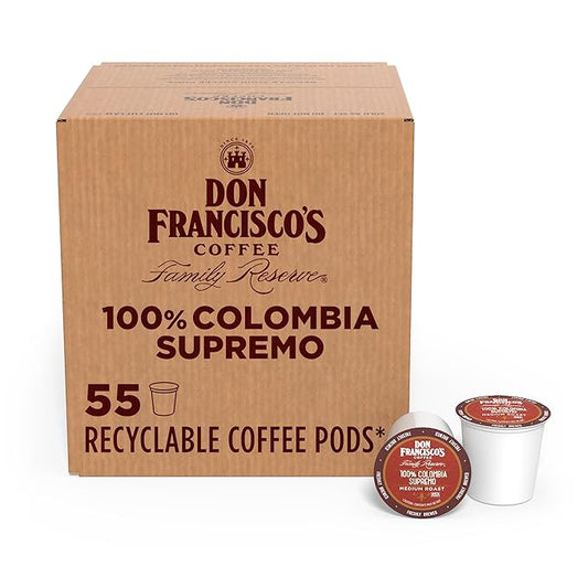 Don Francisco's 100% Colombia Supremo Coffee Pods, 55 Count, Medium Roast, Compatible with Keurig Brewers