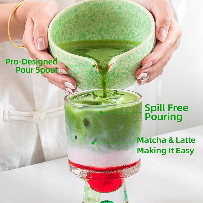 TEANAGOO Matcha Whisk Set,7 Pcs Matcha Set Green,Ceremony Matcha Kit,Matcha Tea Set for Making Latte,Ceramic Bowl(chawan) whith Spout and Whisk,Gift for Matcha Lovers
