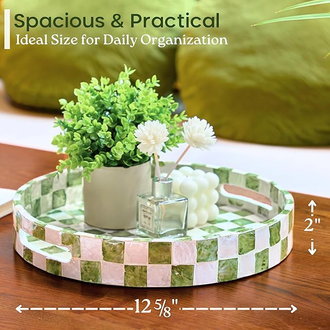 12.6" Capiz Decorative Tray with Handles, Checkered Round Serving Tray for Coffee Table, Kitchen Counter, or Bathroom (Pistachio Green)