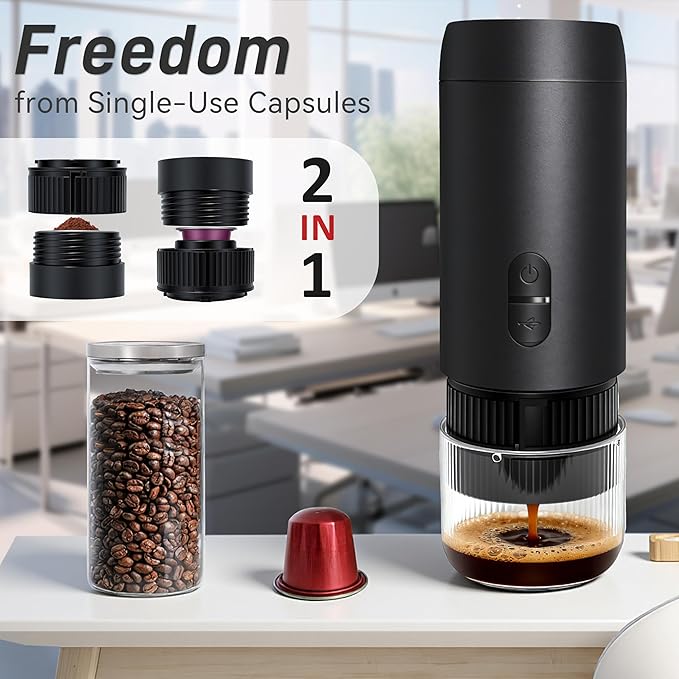 Portable Electric Espresso Machine, Coffee Espresso Maker for Travel with USB-C, Battery Powered 1800mAh, for Ground Coffee & NS Capsule, for Office,Gifts for Men, RV, Hiking