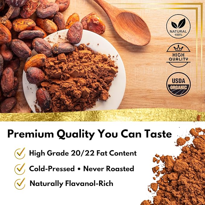 Pure Raw Organic Cacao Powder | Premium Ceremonial Grade Cacao | Natural Source of Flavanols, Magnesium, Iron & Theobromine | Sugar-Free Hot Cocoa Chocolate Drink & Baking Mix | Unsweetened - (33 Servings)