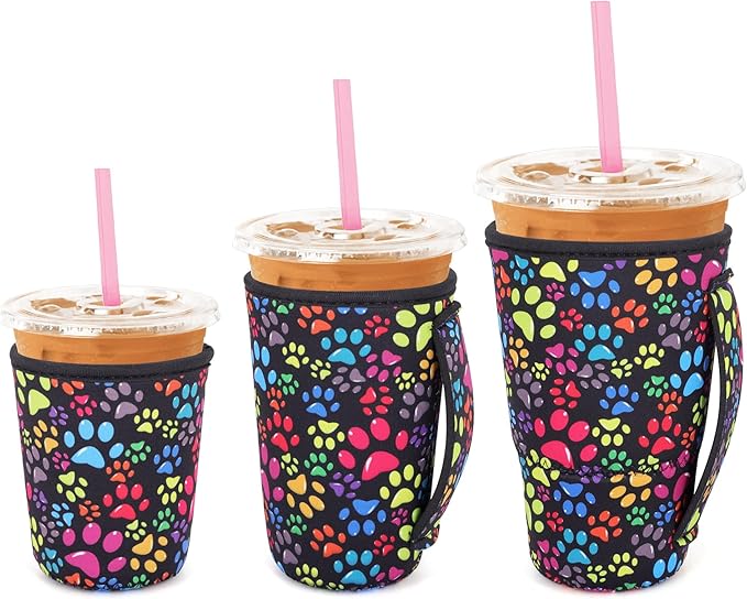 3 Pack Iced Coffee sleeve Insulated Neoprene Cup Sleeves with handle For Cold Drinks Beverages, Reusable Cup Holder for 16oz-32oz Coffee Cups (Paw Prints)