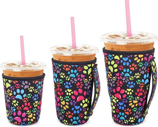 3 Pack Iced Coffee sleeve Insulated Neoprene Cup Sleeves with handle For Cold Drinks Beverages, Reusable Cup Holder for 16oz-32oz Coffee Cups (Paw Prints)