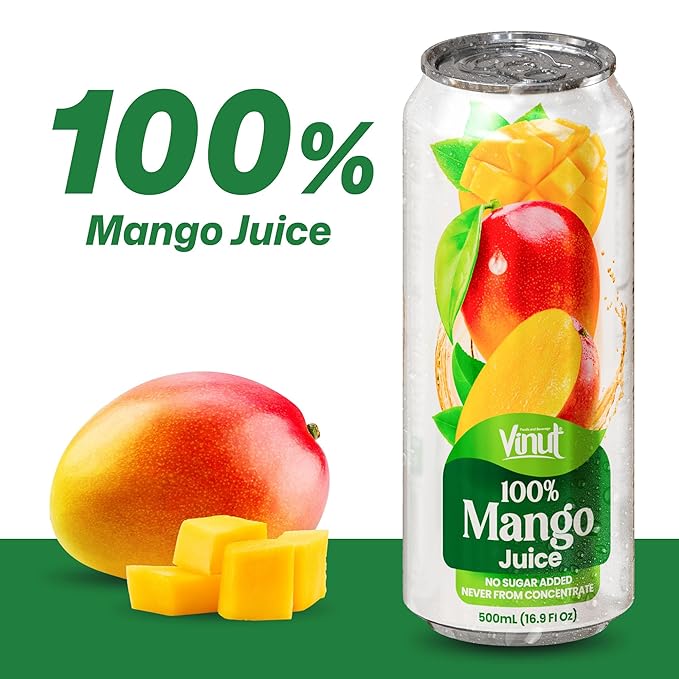 VINUT 100% Mango Juice, No Sugar Added, Never From Concentrate, 16.9 fl oz (500 mL) Can, Pack of 12