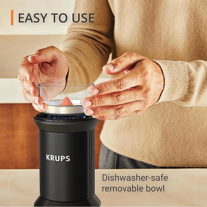 KRUPS Electric Blade Coffee Grinder 1.6 Oz, Adjustable Coarse to Fine for the Perfect Espresso, Grind Coffee Beans, Spices & Herbs, Removable Dishwasher Safe Bowl, Black