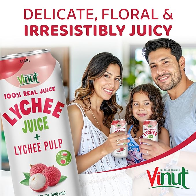 VINUT 100% Natural Lychee Juice Drink with Pulp, Real Lychee Juice, Gluten Free, GMO-Free, 16.57 fl oz, Pack of 24