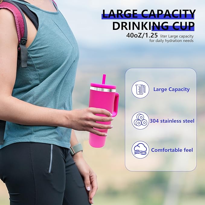 40-OZ Insulated Water Bottle,Insulated Stainless Steel Tumbler,Reusable Cold Drink Thermos,BPA-Free, Double-Wall Stainless Steel Water Bottle (Rose Red, 40, Fluid Ounces)