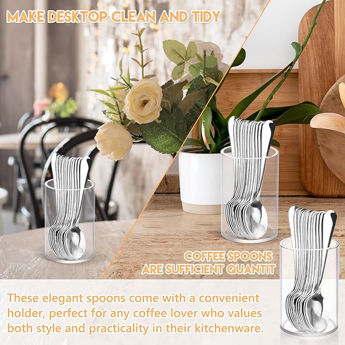 12 Pcs Mini Coffee Spoons with Holder 4.7 inch Demitasse Espresso Stainless Steel Spoon Tea Spoons set of 6 with Acrylic Cylinder Holder Small Coffee Spoon Silver for Cafe Bar Tea Party Home