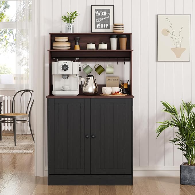 MHOM Farmhouse Coffee Bar Cabinet with Storage, Rustic Buffet Cabinet with 5 Hooks, Small Coffee Station Cabinet for Kitchen & Dining Room, Antique Black