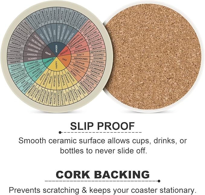 Wheel of Emotions Feelings Chart Coasters for Drinks Set of 4 Absorbent Round Ceramic Coaster Cork Base Cups Place Mat for Coffee Wooden Table Home Therapy Office Decor Counselor Therapist Gifts