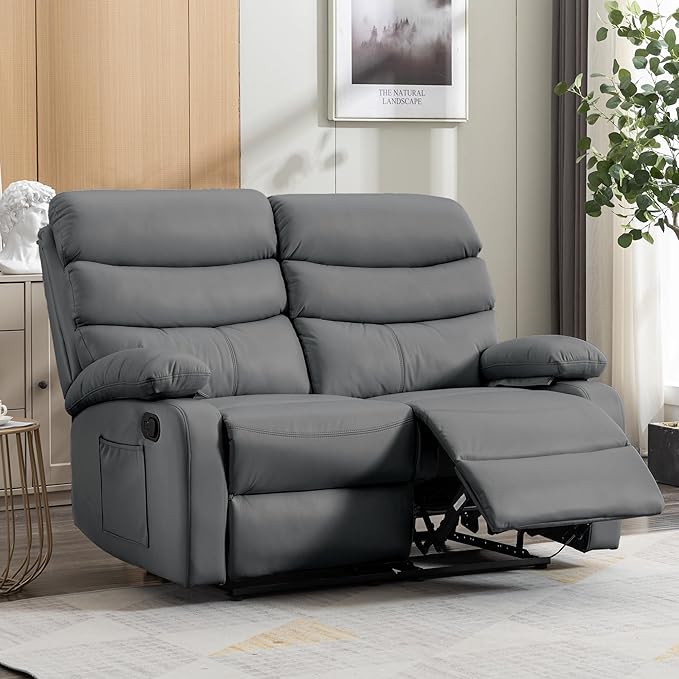 Reclining Loveseat, Anti-Scratch Leather Double Recliner Sofa with Side Pocket, Wall Hugger Loveseat Recliner for Living Room, RV, Home Theater(Grey)