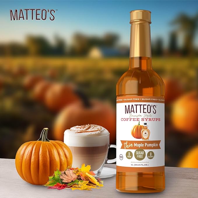 Matteo's Maple Pumpkin Syrup for Coffee, Lattes, Cappuccinos & Desserts – Sugar-Free Sweetener for Beverages, Keto Friendly, Zero Calories, Indulgent Flavor, Non-Alcoholic, 33.8oz (1pk)