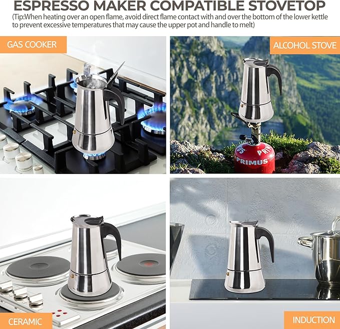 4 Cup 200ml Moka Pot Stainless Steel Espresso Coffee Maker Stovetop Percolator Coffeemaker Italian Classic Style Brewing Greca Cafe Mocha Machine for Cafeteras Lover Camping Travel and Home Use 6.6oz