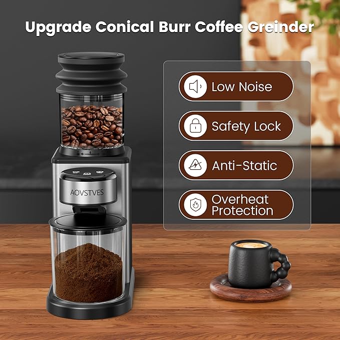 AOVSTVES Conical Burr Coffee Grinder for Home,25 Precise Grind Settings,60-Second Timer,Easy to Clean Stainless Steel Burrs,Anti-Static & Anti-Slip Base