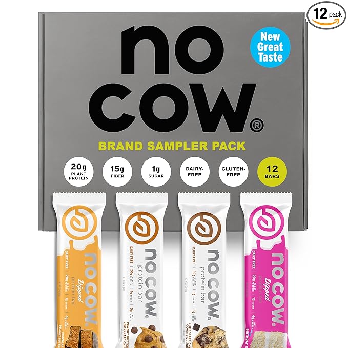 No Cow Vegan Protein Bars, Upgraded Brand Sampler Pack | 20g Plant Based Protein, Gluten Free, Dairy Free, Soy Free, Keto Friendly, Low Sugar, High Fiber Snack Bars | Pack of 12