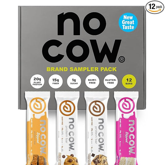No Cow Vegan Protein Bars, Upgraded Brand Sampler Pack | 20g Plant Based Protein, Gluten Free, Dairy Free, Soy Free, Keto Friendly, Low Sugar, High Fiber Snack Bars | Pack of 12