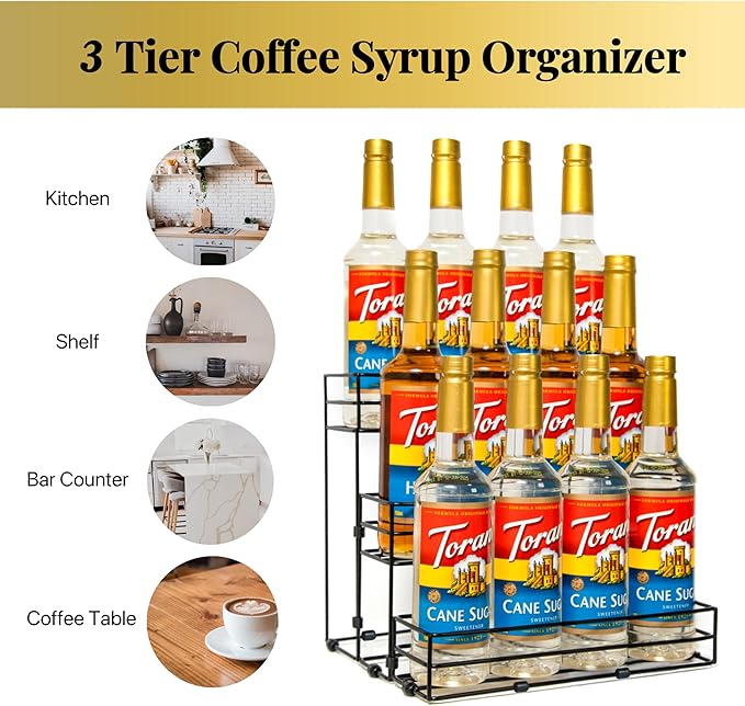 TelKeen 12 Bottles Coffee Syrup Rack Organizer, Coffee Syrup Stand Holder, 3 Tier Coffee Syrup Organizer for Coffee Bar Station, Wine Rack for Countertop, Bottle Display Shelf for Cocktail, Dressing