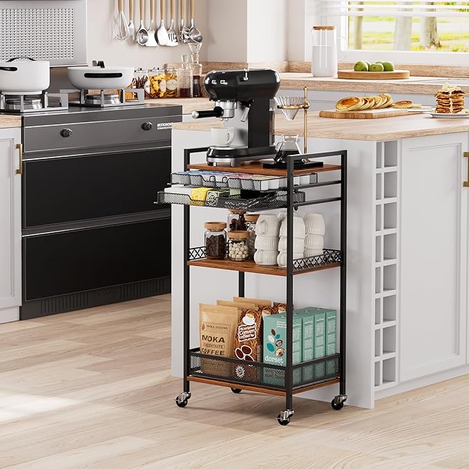 K Cup Holder Cart, Coffee Station Organizer for Nespresso Vertuo Capsule and K Cup Capsule, Multi-Functional Coffee Bar Cart Accessories Organizer with Wheels for Living Room, Kitchen