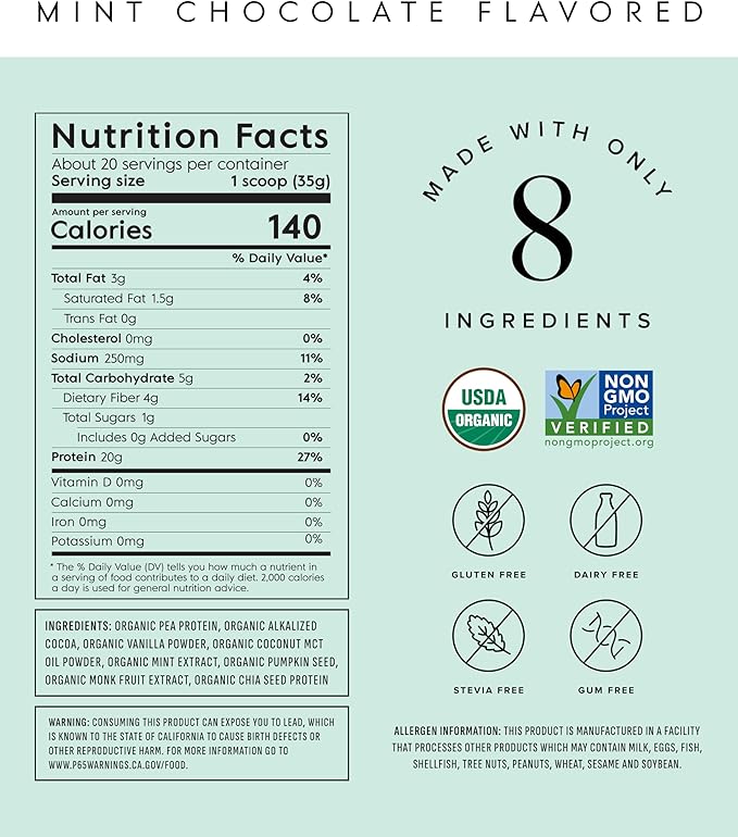 Truvani Vegan Pea Protein Powder | 20g Organic Plant-Based Protein | Keto | Gluten & Dairy Free | Low Carb | No Added Sugar | Mint Chocolate | 20 Servings (Pack of 1) |
