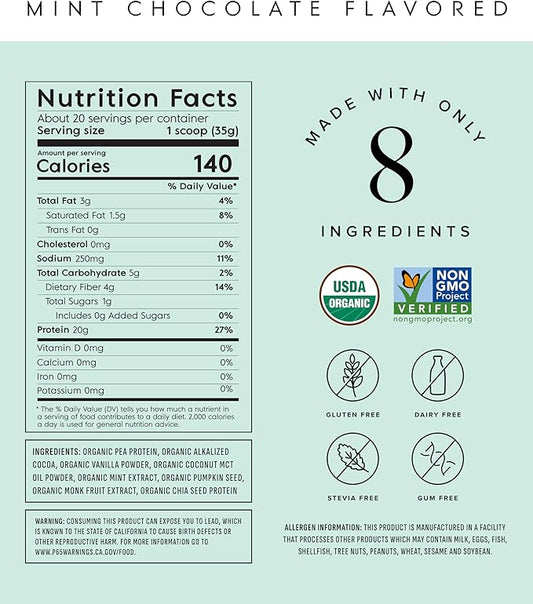 Truvani Vegan Pea Protein Powder | 20g Organic Plant-Based Protein | Keto | Gluten & Dairy Free | Low Carb | No Added Sugar | Mint Chocolate | 20 Servings (Pack of 1) |