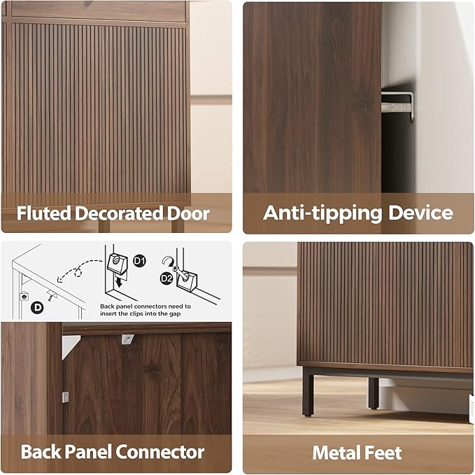 Mericonia Farmhouse Buffet Sideboard Cabinet with Storage, Fluted Coffee Bar with Doors and Adjustable Shelves, Modern Wood Console Cabinet with Drawers (4 Door, Walnut 2 Drawer)